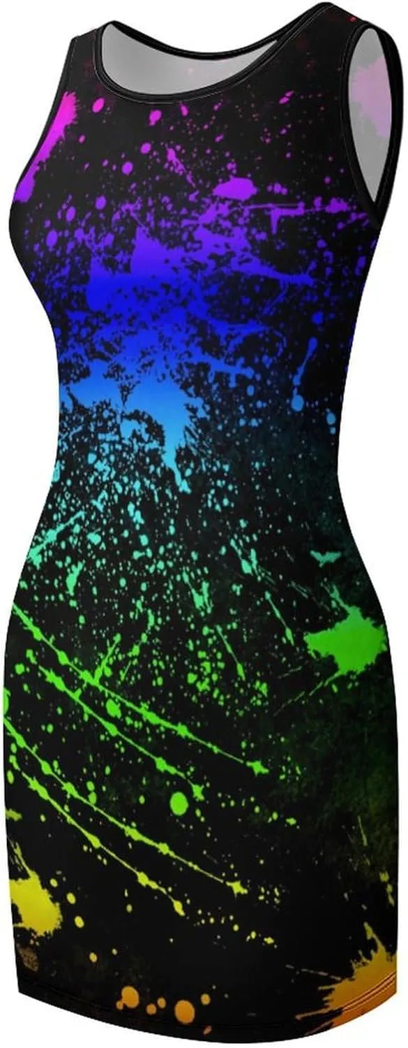 Glow in Dark Splatter Neon (8) Summer Dresses for Women 2024 Beach Sundress Women's Sleeveless Dress