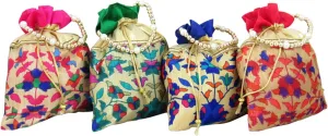 GoldGiftIdeas Ivory Printed Gift bags, Potli Pouches, Women Potli Bags for Return Gift, Fabulous Floral Potli, Potli Bags for Gifting, Wedding Party Favor Bags, (Set of 4)