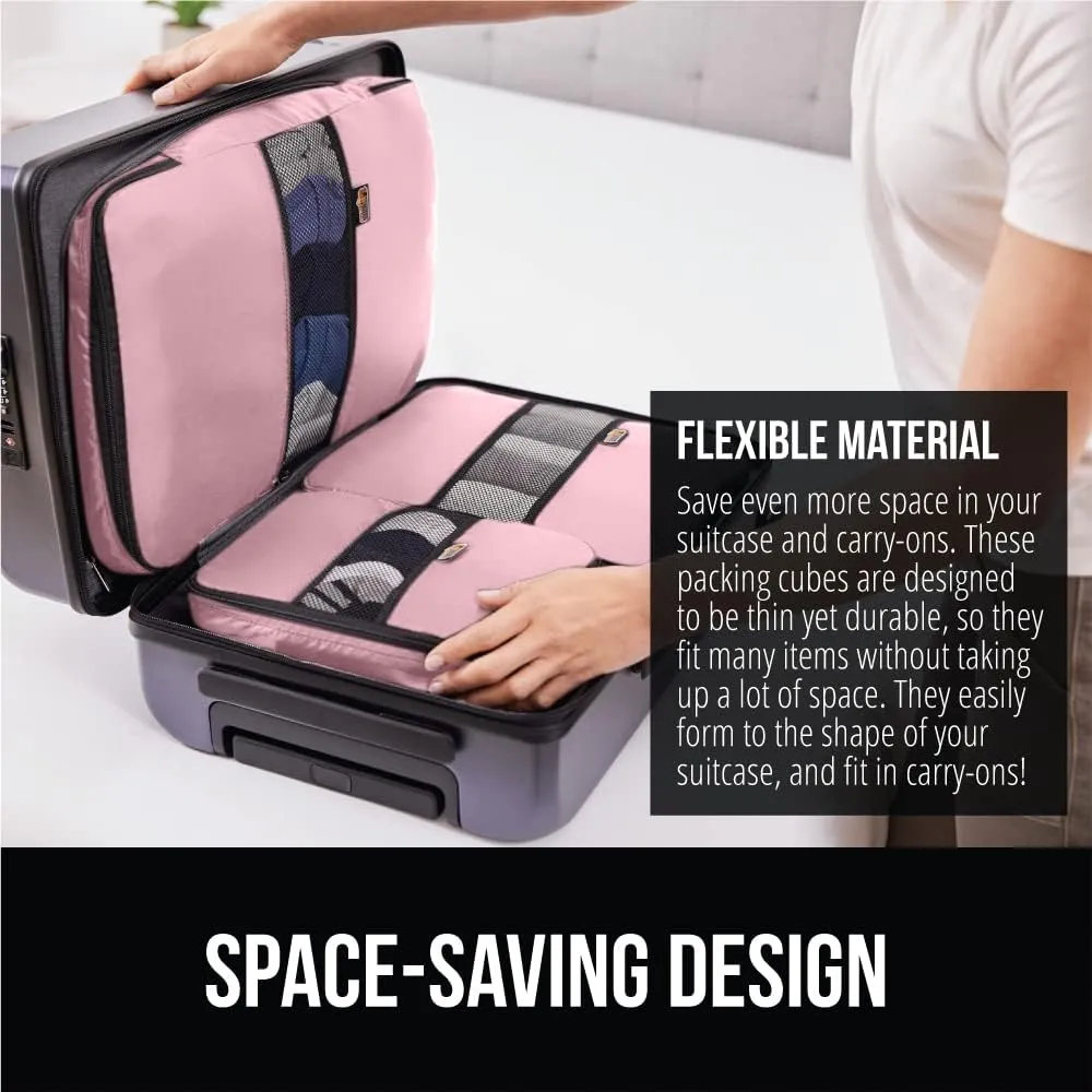 GORILLA GRIP 6 Set Packing Cubes, Travel Essentials for Suitcase, Mesh Organizer Bags for Clothes Toiletries Shoes and Laundry, Luggage and Carry On Airplane Accessories, Traveling Must Haves Pink
