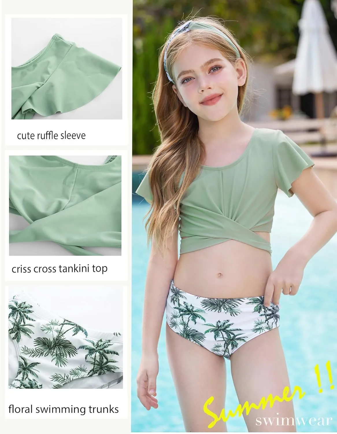 GRACE KARIN Girls Swimsuit 3 Piece Bathing Suit Tween Girls Criss Corss Tankini Bikini Floral Beach Swimwear Size 6-14Y