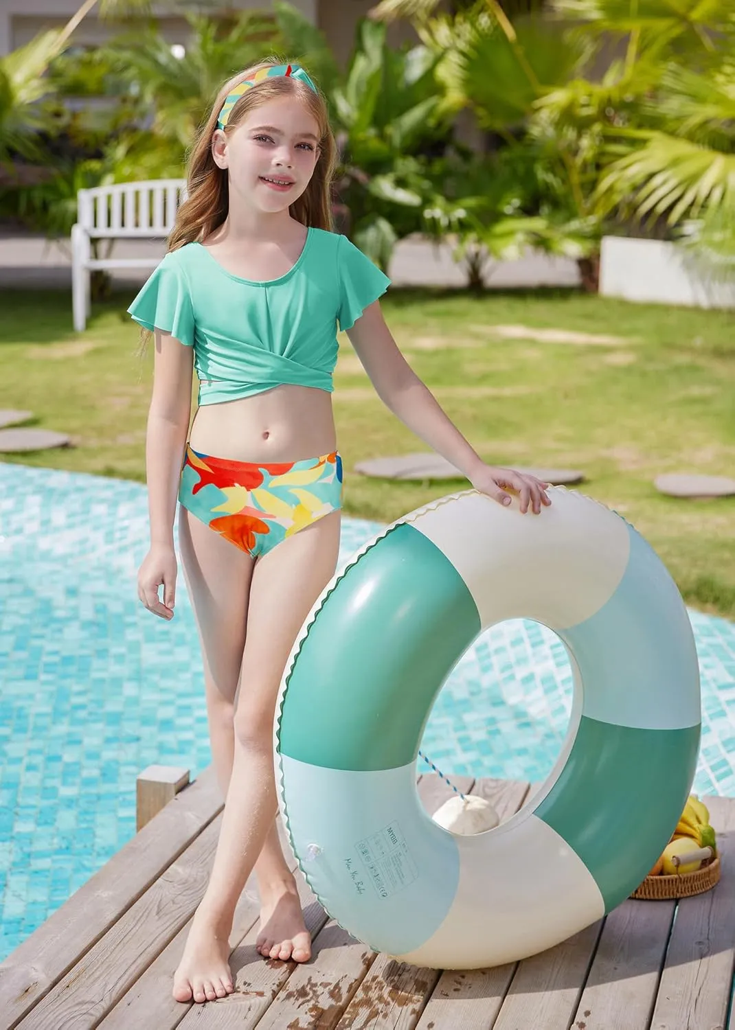 GRACE KARIN Girls Swimsuit 3 Piece Bathing Suit Tween Girls Criss Corss Tankini Bikini Floral Beach Swimwear Size 6-14Y