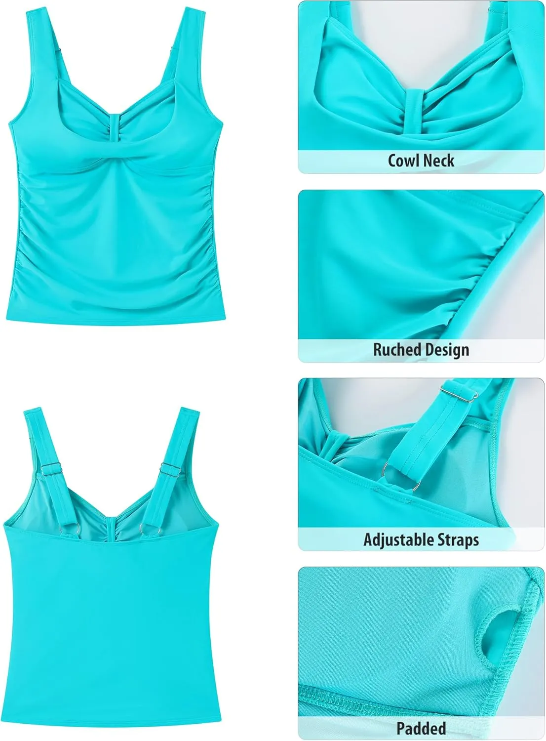 GRAPENT Tankini Tops for Women Modest Swimsuits Ruched Beach Padded Adjustable Strap Swimwear Bathing Suit Swim Top Only