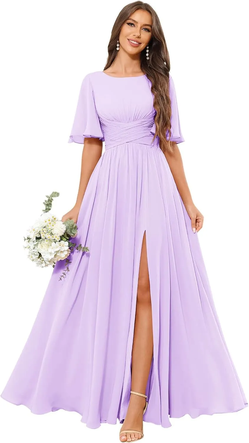 GUKARLEED Flutter Sleeve Chiffon Bridesmaid Dress with Slit Scoop Neck A-Line Long Wedding Guest Formal Dresses with Pockets