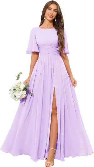 GUKARLEED Flutter Sleeve Chiffon Bridesmaid Dress with Slit Scoop Neck A-Line Long Wedding Guest Formal Dresses with Pockets