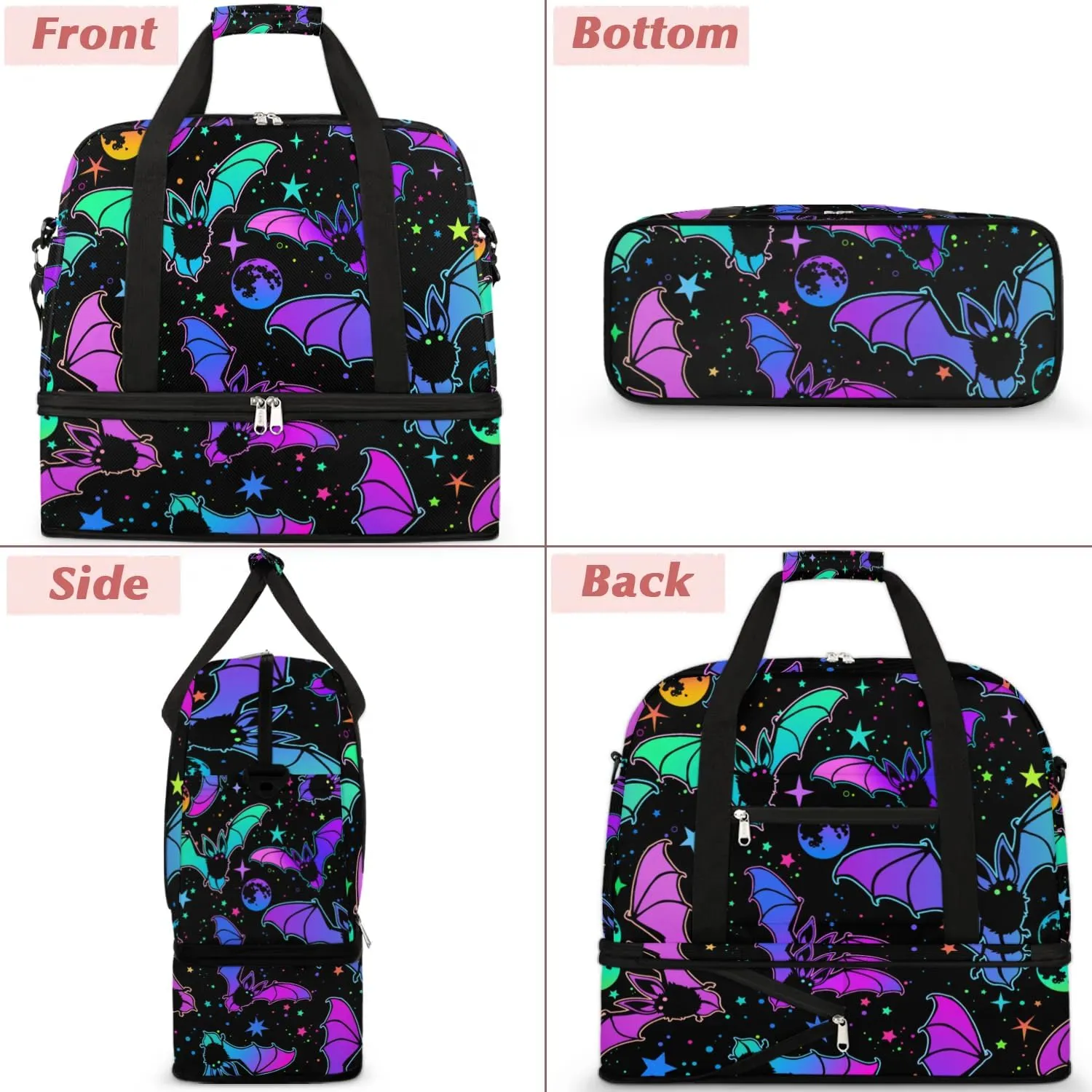 Gym Bag for Men Women, Bat Moon Carry on Travel Duffel Bag with Trolley Sleeve, Waterproof Weekender Overnight Bags with Shoes and Wet Clothes Compartment for Sleepover Workout Sports