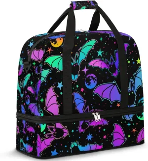 Gym Bag for Men Women, Bat Moon Carry on Travel Duffel Bag with Trolley Sleeve, Waterproof Weekender Overnight Bags with Shoes and Wet Clothes Compartment for Sleepover Workout Sports