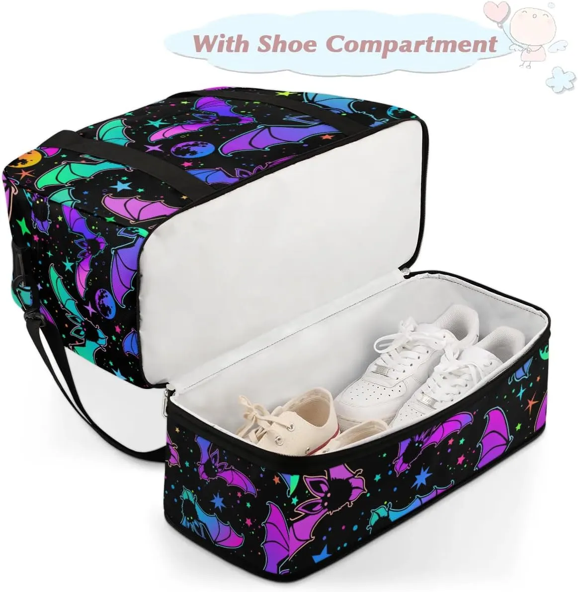 Gym Bag for Men Women, Bat Moon Carry on Travel Duffel Bag with Trolley Sleeve, Waterproof Weekender Overnight Bags with Shoes and Wet Clothes Compartment for Sleepover Workout Sports