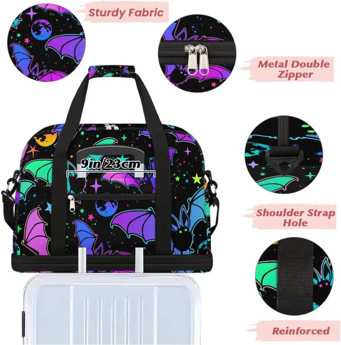 Gym Bag for Men Women, Bat Moon Carry on Travel Duffel Bag with Trolley Sleeve, Waterproof Weekender Overnight Bags with Shoes and Wet Clothes Compartment for Sleepover Workout Sports