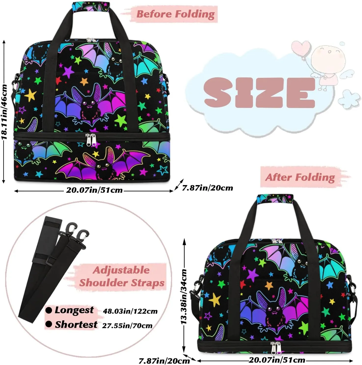 Gym Bag for Men Women, Bat Star Carry on Travel Duffel Bag with Trolley Sleeve, Waterproof Weekender Overnight Bags with Shoes and Wet Clothes Compartment for Sleepover Workout Sports