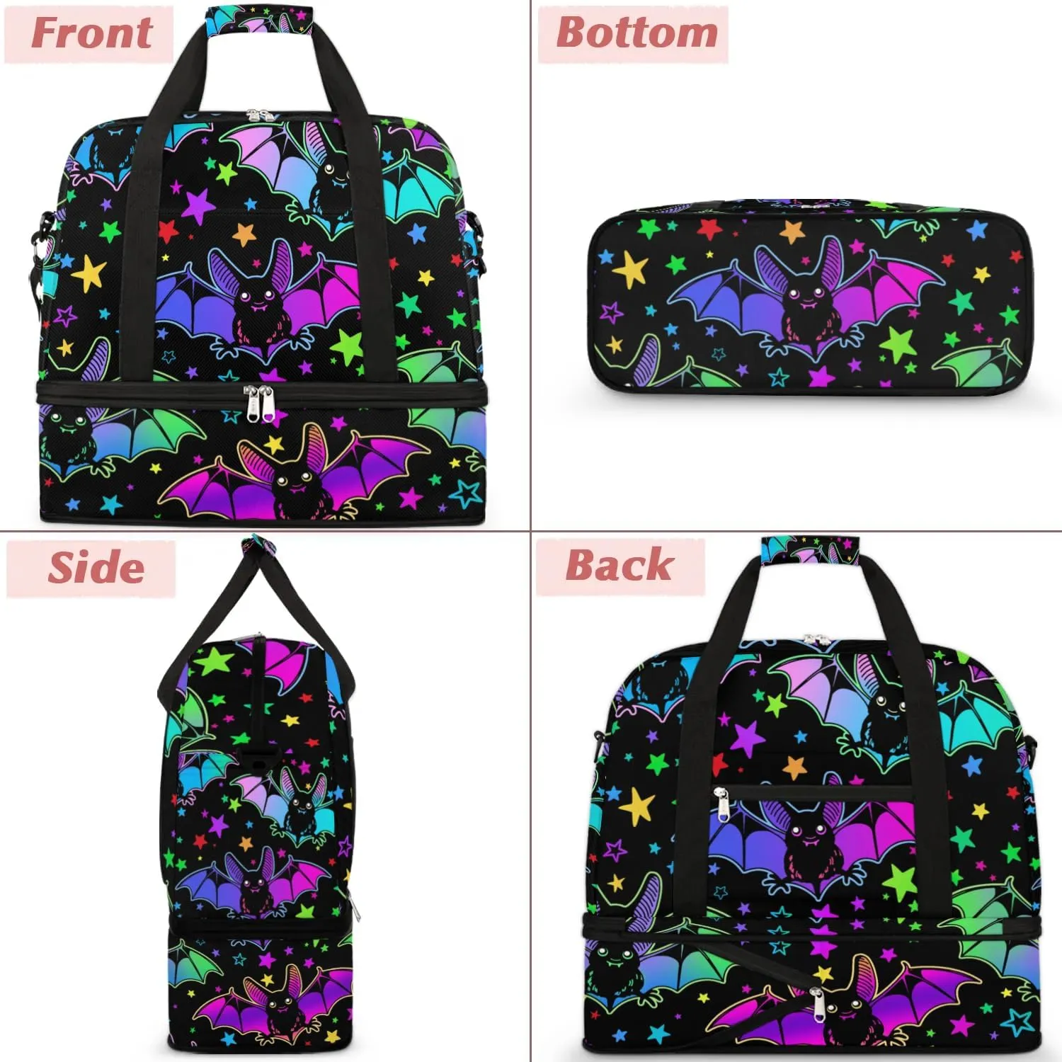Gym Bag for Men Women, Bat Star Carry on Travel Duffel Bag with Trolley Sleeve, Waterproof Weekender Overnight Bags with Shoes and Wet Clothes Compartment for Sleepover Workout Sports