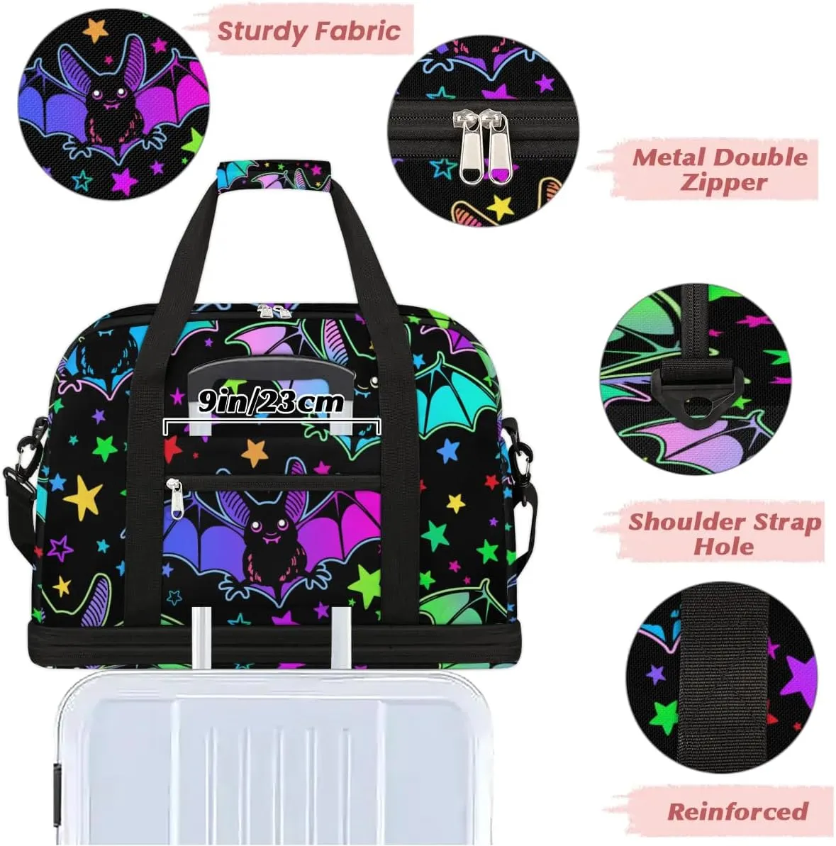 Gym Bag for Men Women, Bat Star Carry on Travel Duffel Bag with Trolley Sleeve, Waterproof Weekender Overnight Bags with Shoes and Wet Clothes Compartment for Sleepover Workout Sports
