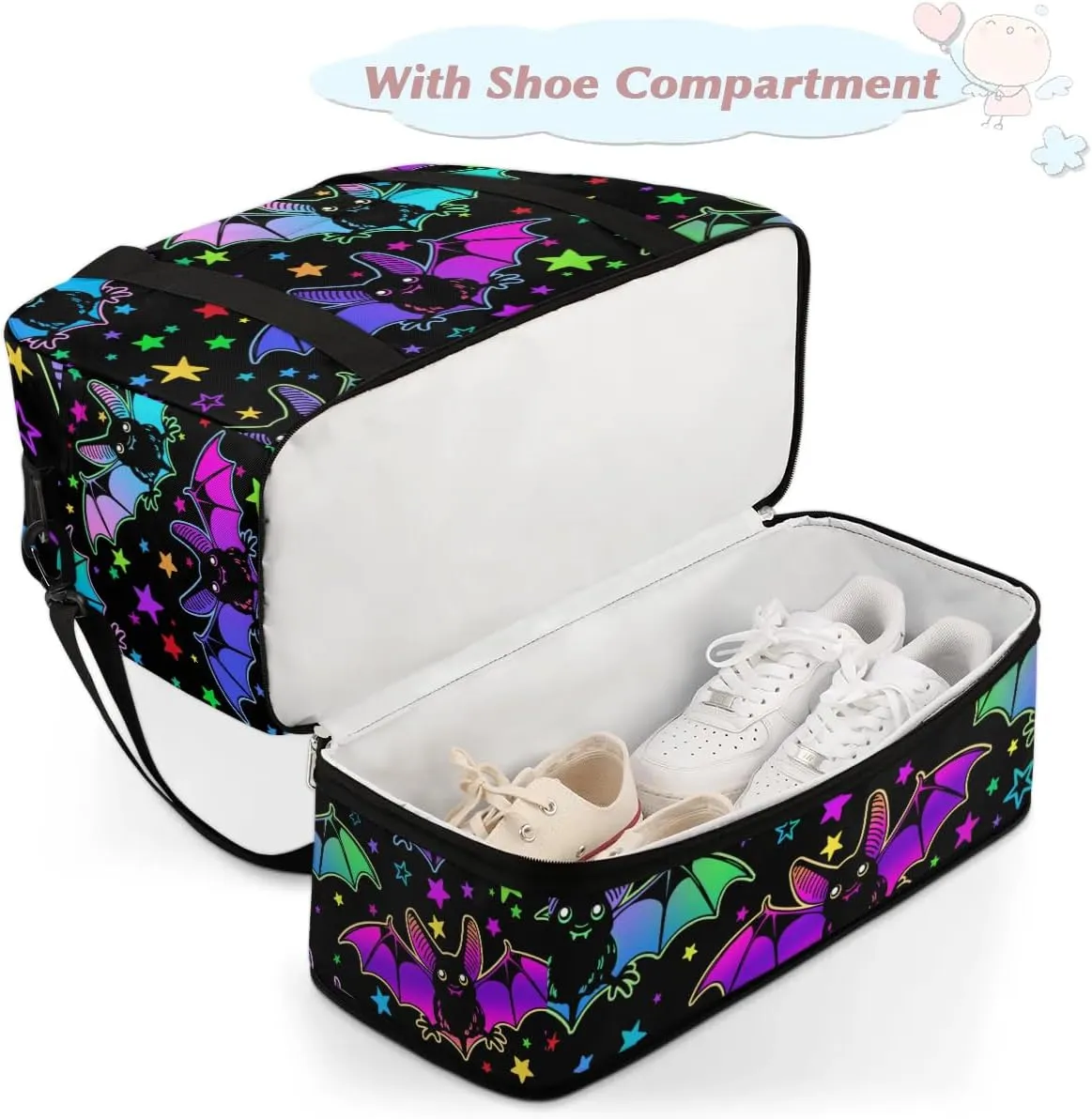 Gym Bag for Men Women, Bat Star Carry on Travel Duffel Bag with Trolley Sleeve, Waterproof Weekender Overnight Bags with Shoes and Wet Clothes Compartment for Sleepover Workout Sports