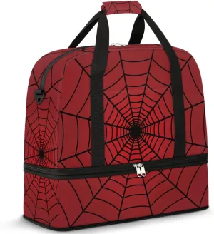 Gym Bag for Men Women, Carry on Travel Duffel Bag with Trolley Sleeve, Red Spider Web Waterproof Weekender Overnight Bags with Shoes and Wet Clothes Compartment for Sleepover Workout Sports