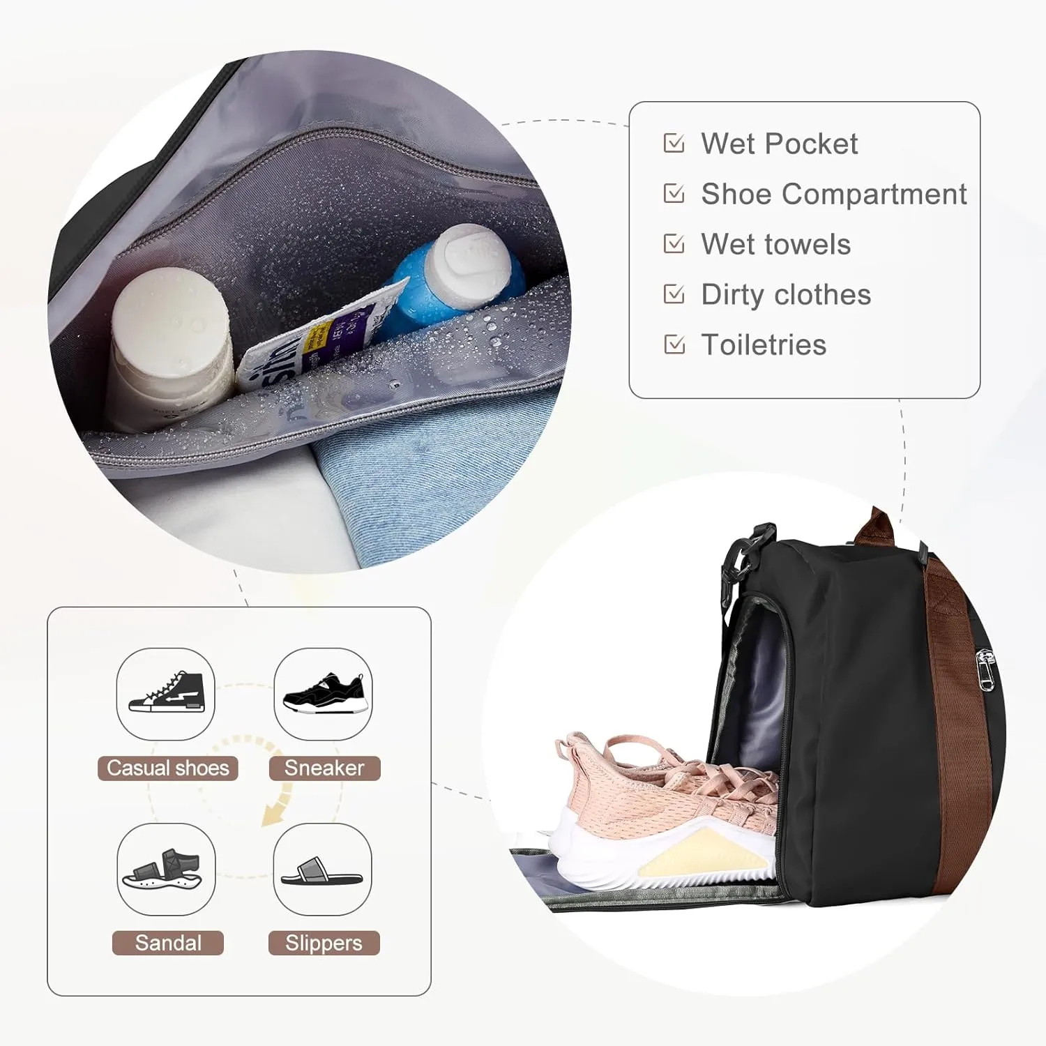 Gym Bag for Women Men with Shoes Compartment,Sports Duffle Bag Personal item travel Duffel Bags Tote Bag Small Carry on Weekender Overnight Bag Workout Dance Bag Hospital Holdalls Black Brown