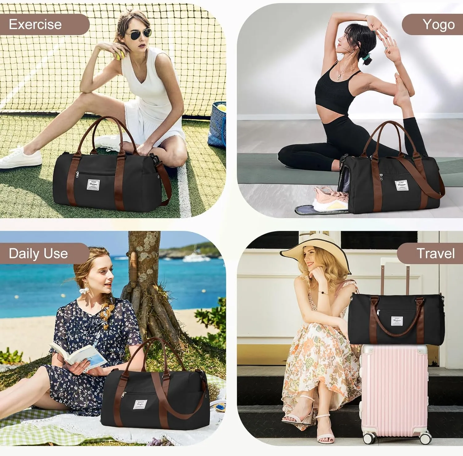 Gym Bag for Women Men with Shoes Compartment,Sports Duffle Bag Personal item travel Duffel Bags Tote Bag Small Carry on Weekender Overnight Bag Workout Dance Bag Hospital Holdalls Black Brown