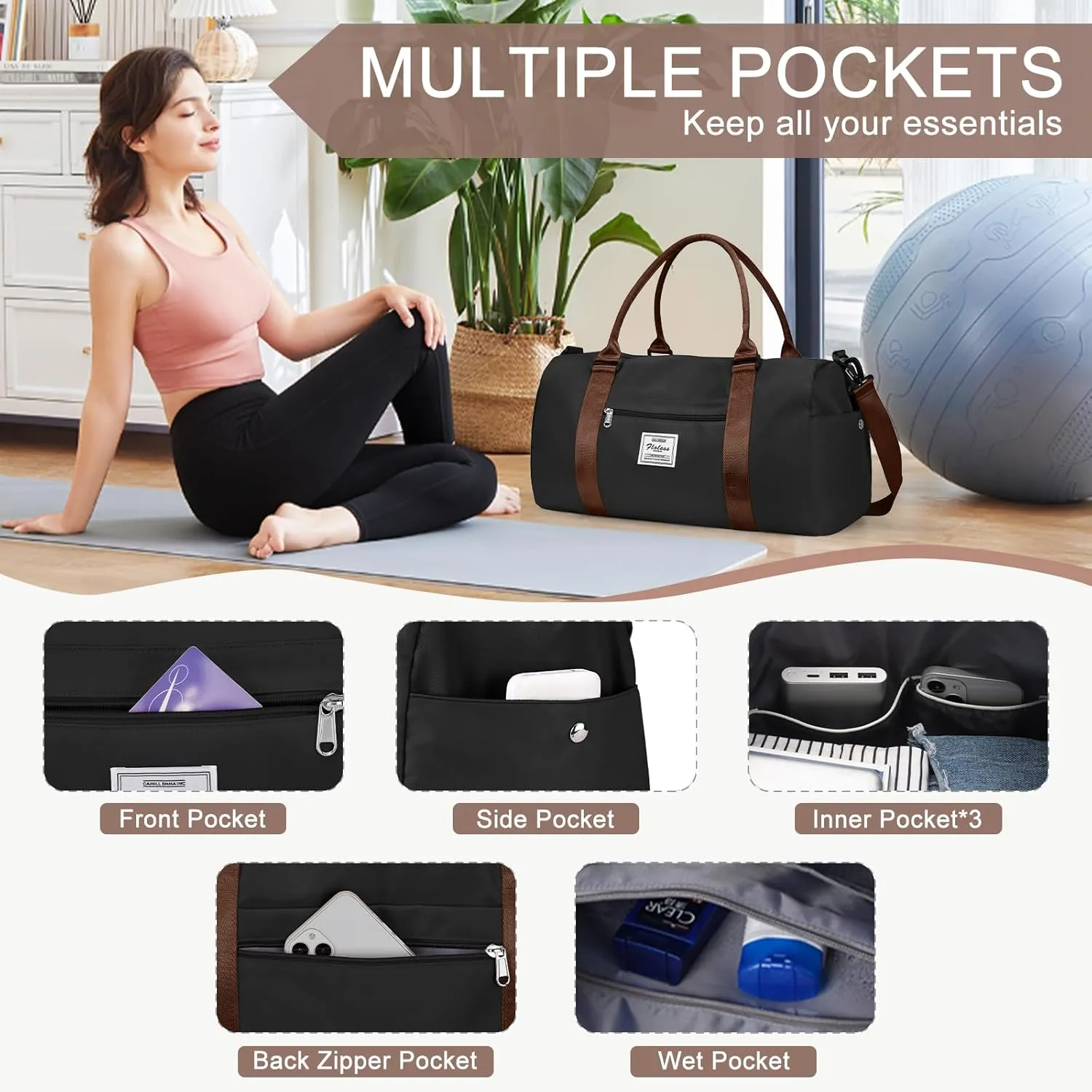 Gym Bag for Women Men with Shoes Compartment,Sports Duffle Bag Personal item travel Duffel Bags Tote Bag Small Carry on Weekender Overnight Bag Workout Dance Bag Hospital Holdalls Black Brown