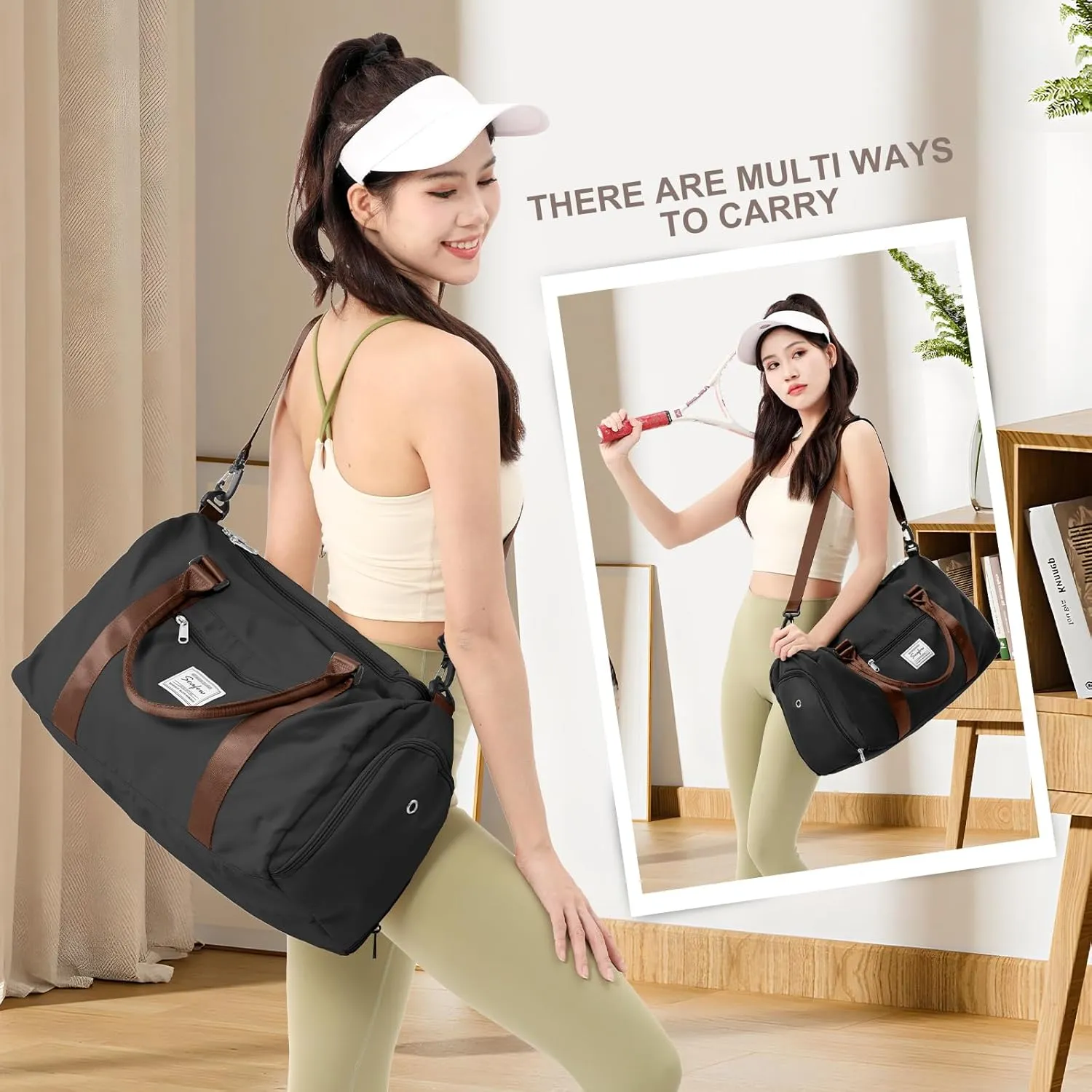 Gym Bag for Women Men with Shoes Compartment,Sports Duffle Bag Personal item travel Duffel Bags Tote Bag Small Carry on Weekender Overnight Bag Workout Dance Bag Hospital Holdalls Black Brown
