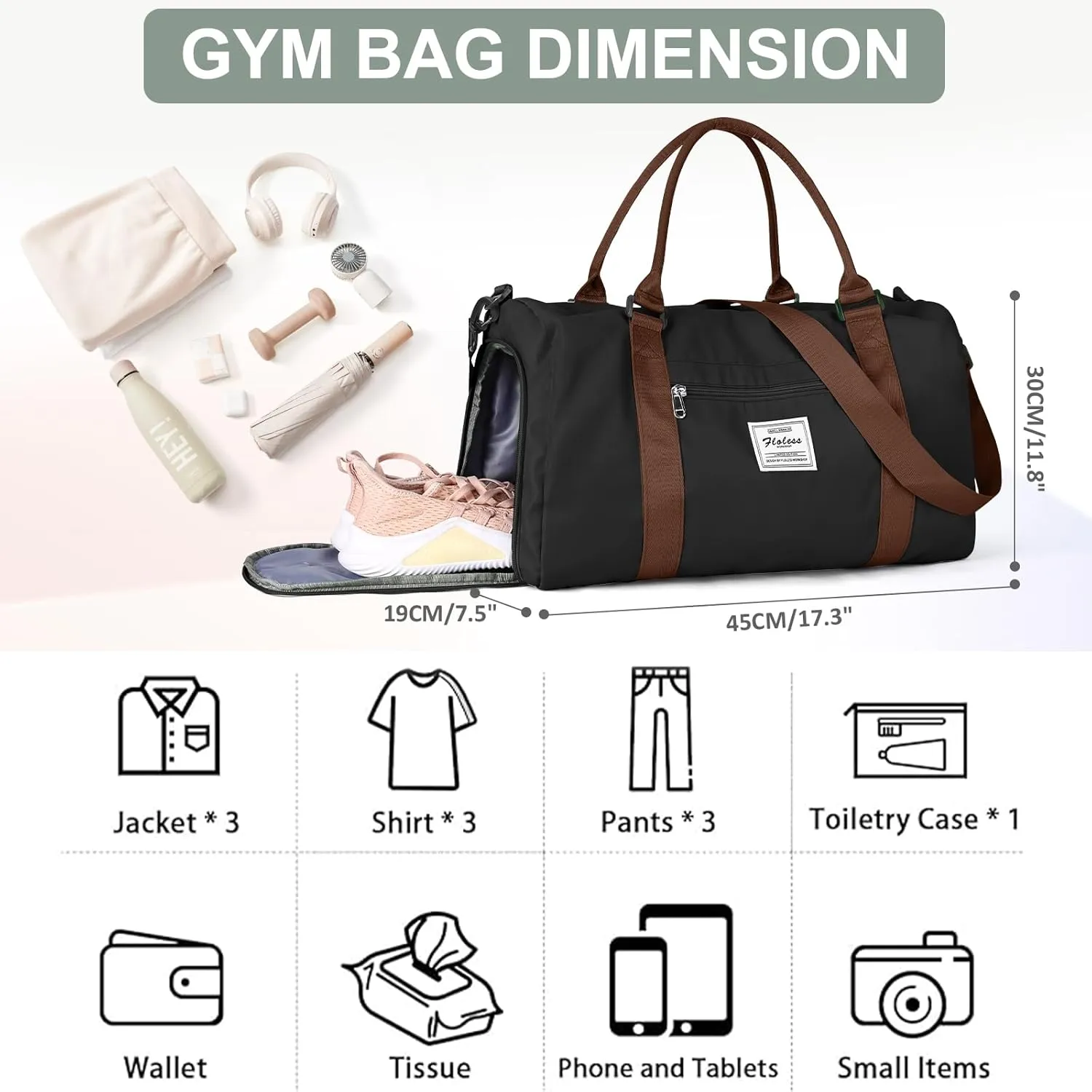 Gym Bag for Women Men with Shoes Compartment,Sports Duffle Bag Personal item travel Duffel Bags Tote Bag Small Carry on Weekender Overnight Bag Workout Dance Bag Hospital Holdalls Black Brown
