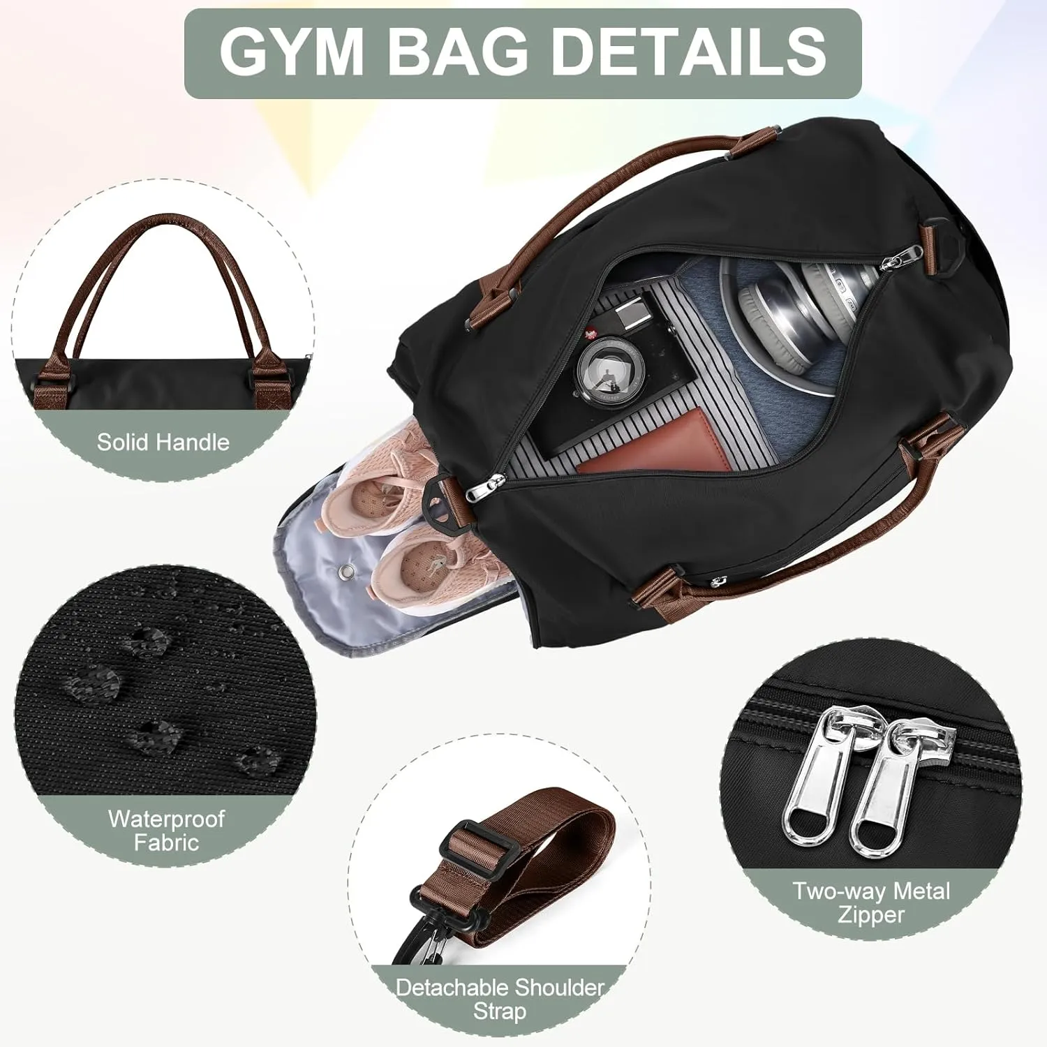 Gym Bag for Women Men with Shoes Compartment,Sports Duffle Bag Personal item travel Duffel Bags Tote Bag Small Carry on Weekender Overnight Bag Workout Dance Bag Hospital Holdalls Black Brown