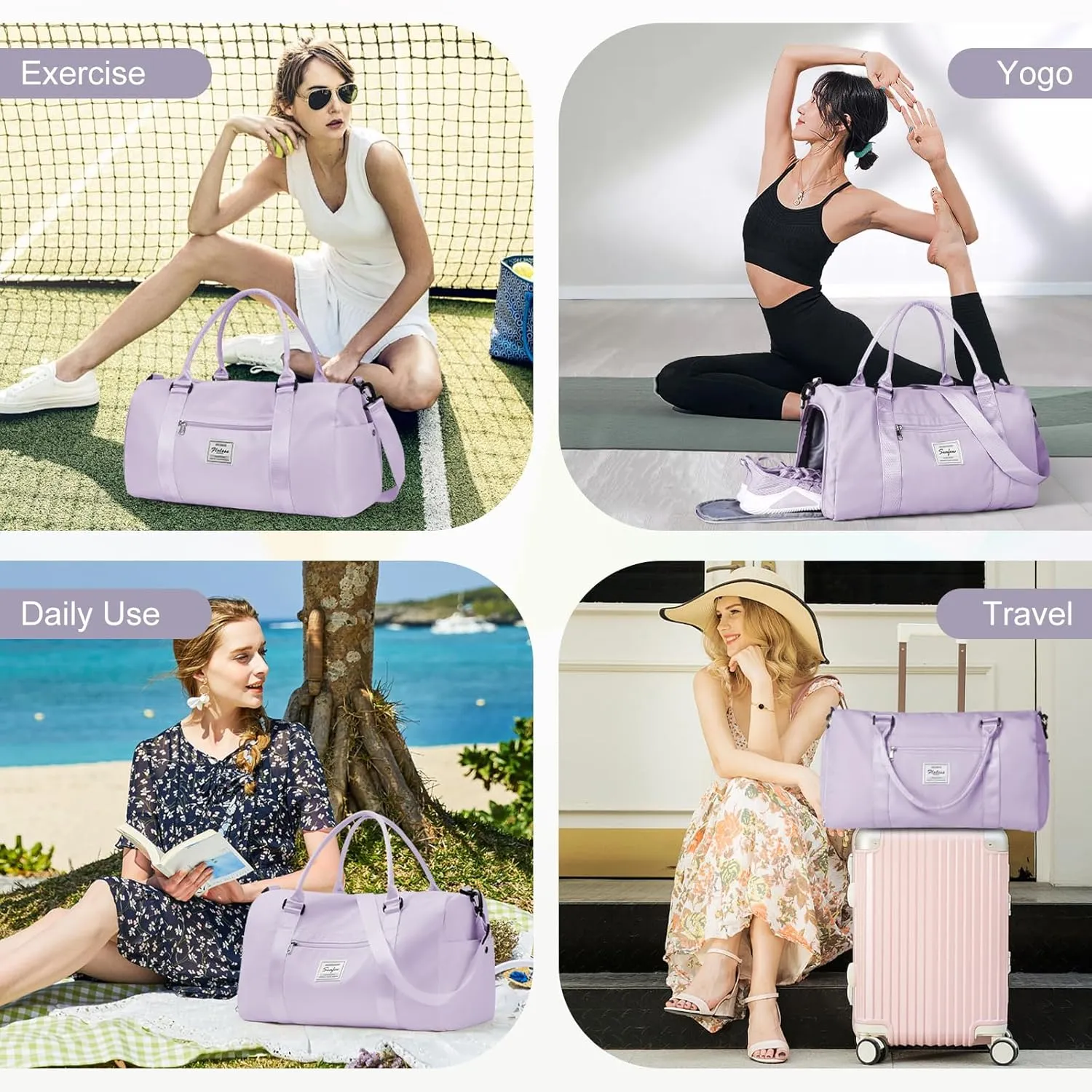 Gym Bag for Women Men with Shoes Compartment,Sports Duffle Bag Personal item travel Duffel Bags Tote Bag Small Carry on Weekender Overnight Bag Workout Dance Bag Hospital Holdalls Light Purple