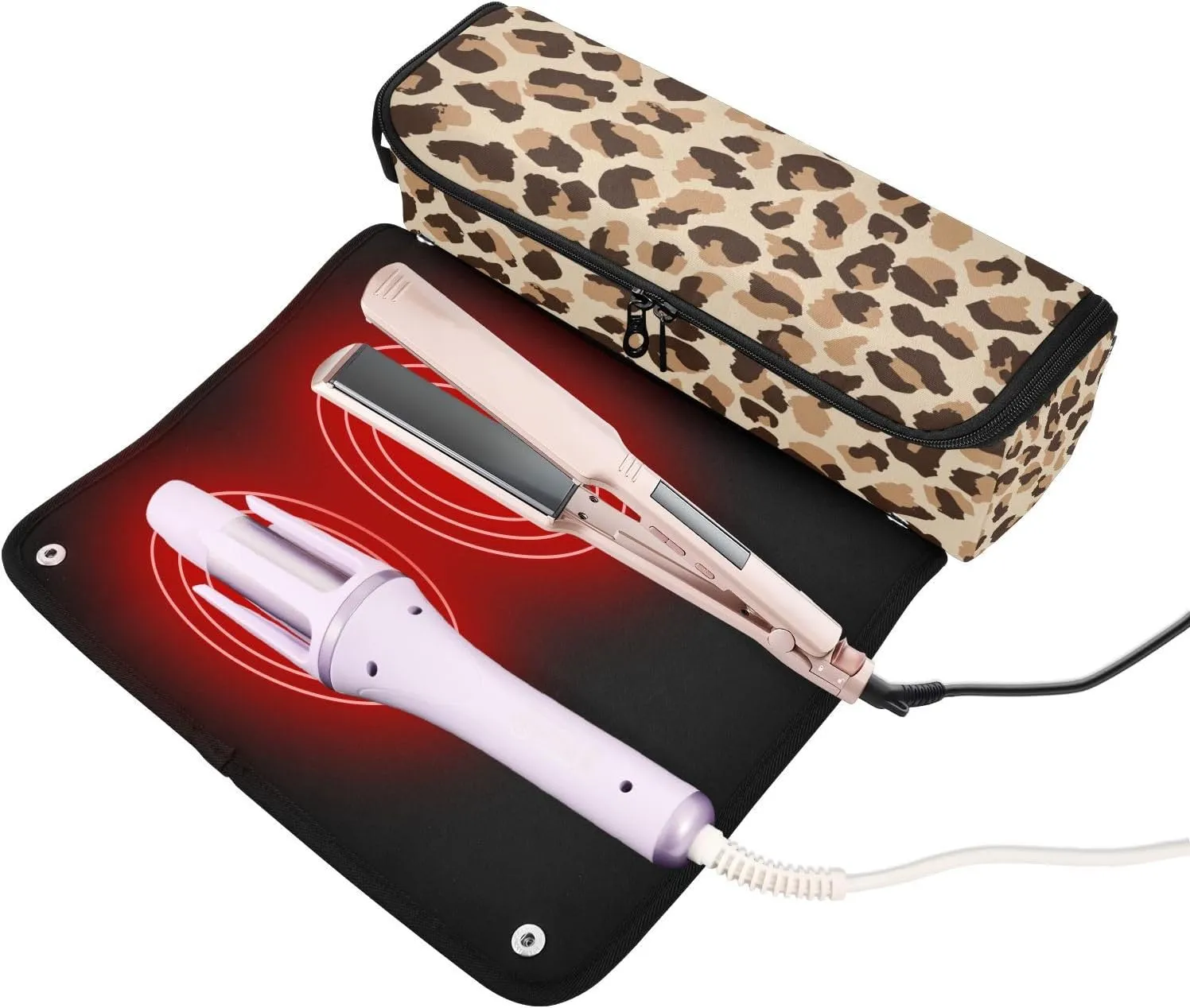 Hair Tools Travel Bag with Heat Resistant Mat 2-in-1 Hot Tools Travel Bag Organizer Flat Curling Iron Travel Case for Straightener Leopard Print Brown