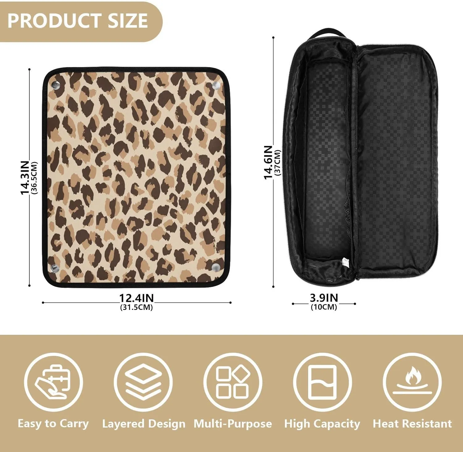 Hair Tools Travel Bag with Heat Resistant Mat 2-in-1 Hot Tools Travel Bag Organizer Flat Curling Iron Travel Case for Straightener Leopard Print Brown