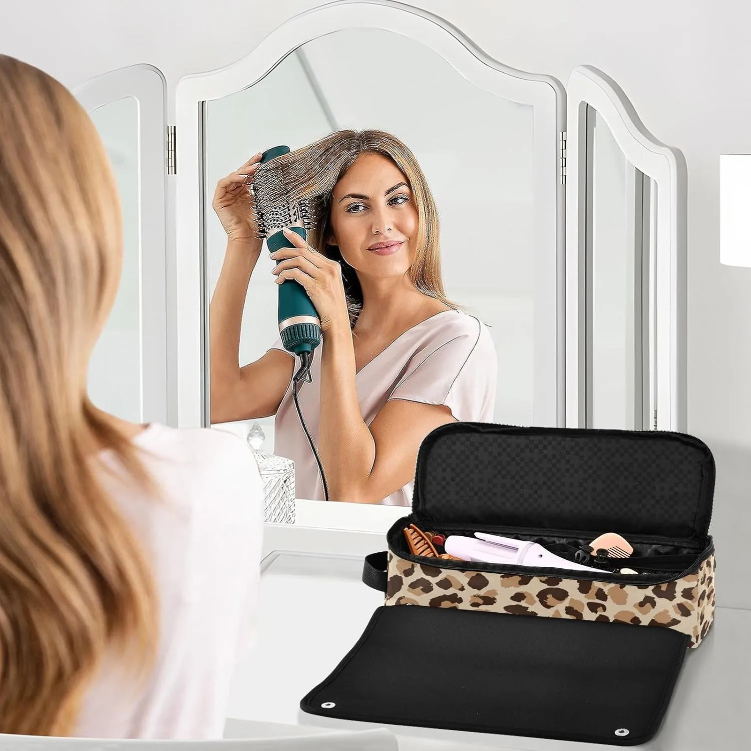 Hair Tools Travel Bag with Heat Resistant Mat 2-in-1 Hot Tools Travel Bag Organizer Flat Curling Iron Travel Case for Straightener Leopard Print Brown