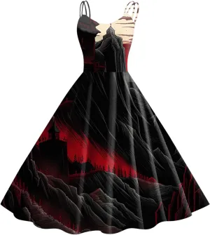 Halloween Costumes for Women Funny Ghost Print Flared Dress Sleeveless Tunic Cocktail Wedding Guest Tank Midi Dresses