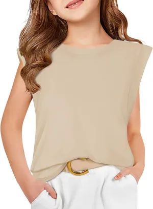 Haloumoning Girls Cap Sleeve Tops Summer Crewneck Tank Tops Cute T-Shirt Blouse 5-14 Years