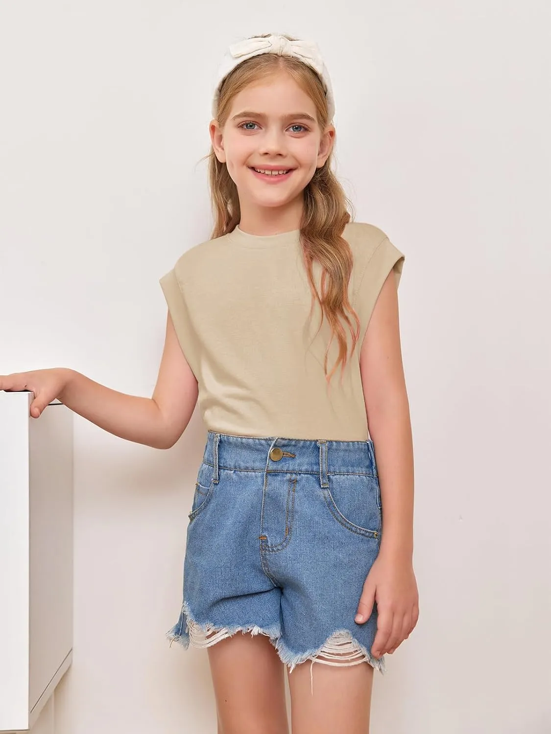 Haloumoning Girls Cap Sleeve Tops Summer Crewneck Tank Tops Cute T-Shirt Blouse 5-14 Years