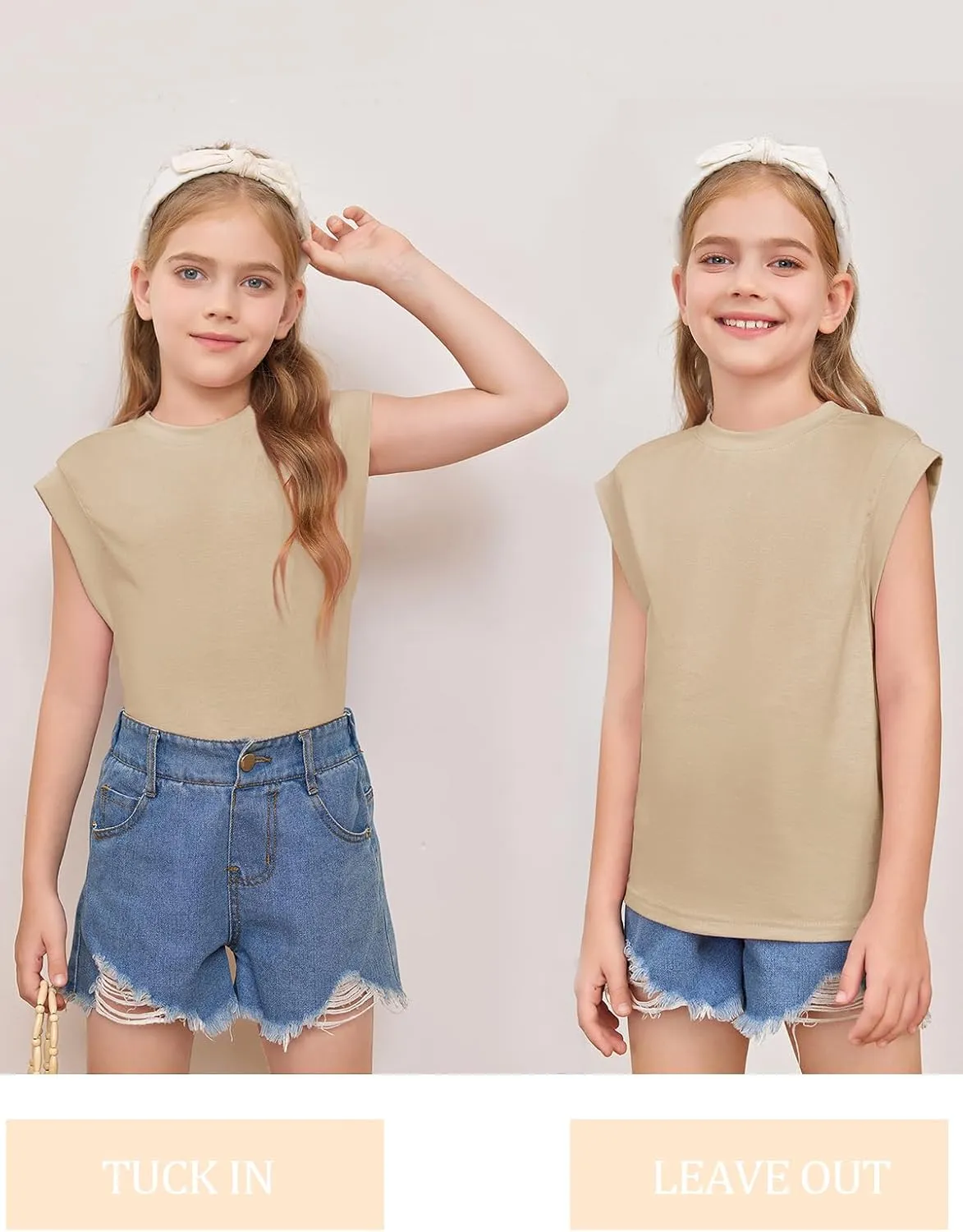 Haloumoning Girls Cap Sleeve Tops Summer Crewneck Tank Tops Cute T-Shirt Blouse 5-14 Years