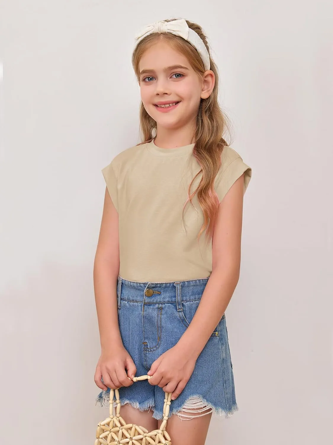 Haloumoning Girls Cap Sleeve Tops Summer Crewneck Tank Tops Cute T-Shirt Blouse 5-14 Years