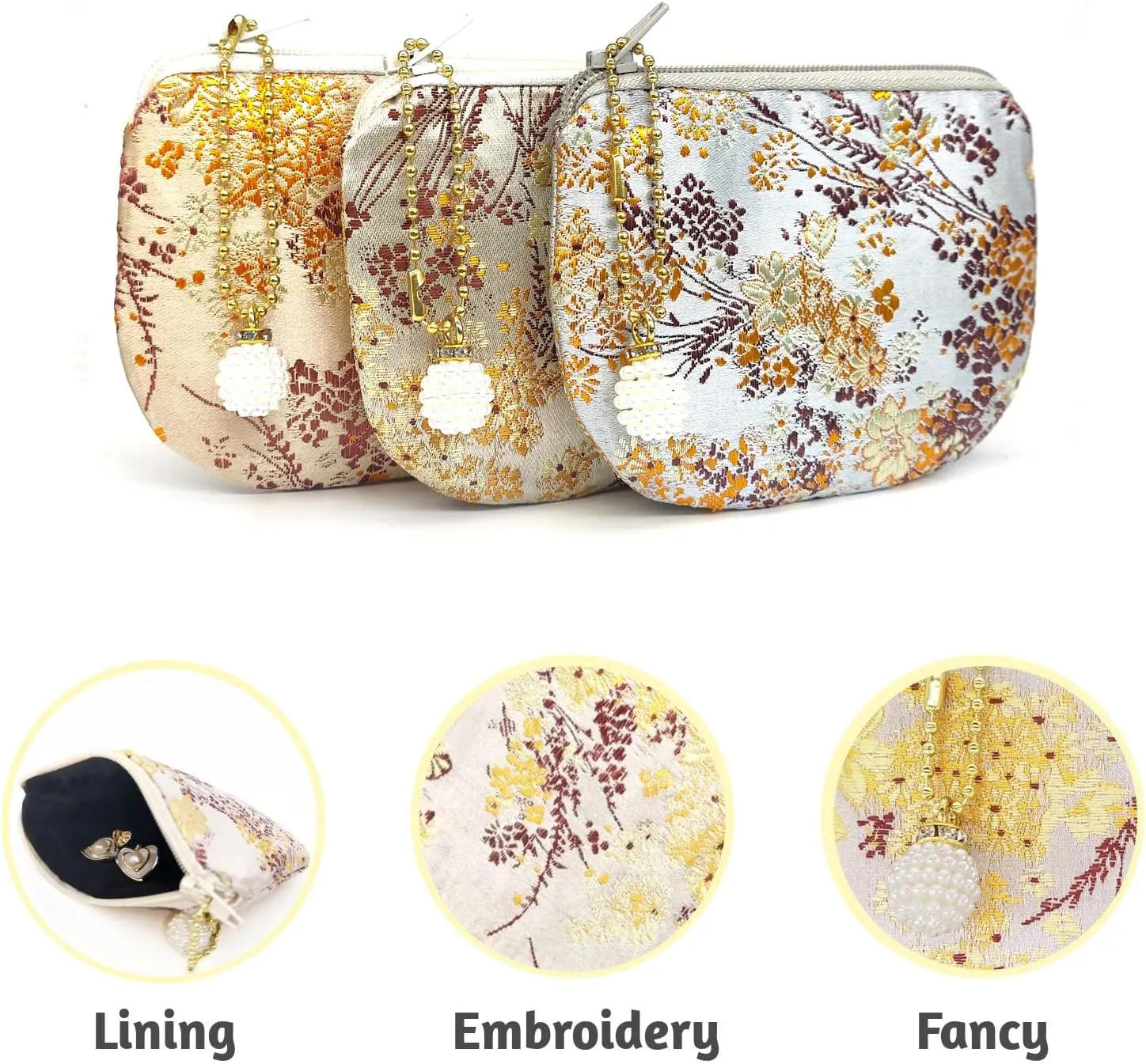 Handmade Jewelry Pouch Women Coin Purse Brocade Zipper Wallet Silk Makeup Bag - BEIGE