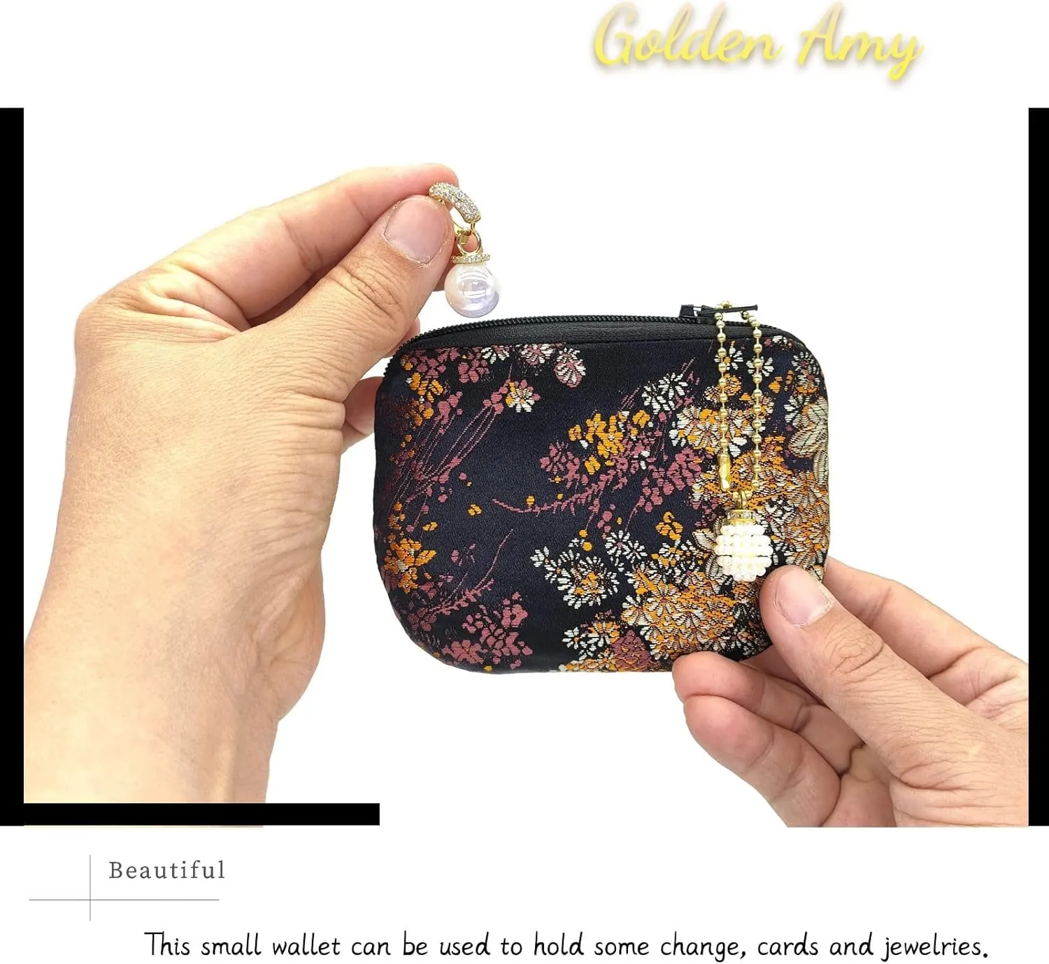 Handmade Jewelry Pouch Women Coin Purse Brocade Zipper Wallet Silk Makeup Bag - Black