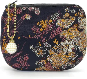 Handmade Jewelry Pouch Women Coin Purse Brocade Zipper Wallet Silk Makeup Bag - Black