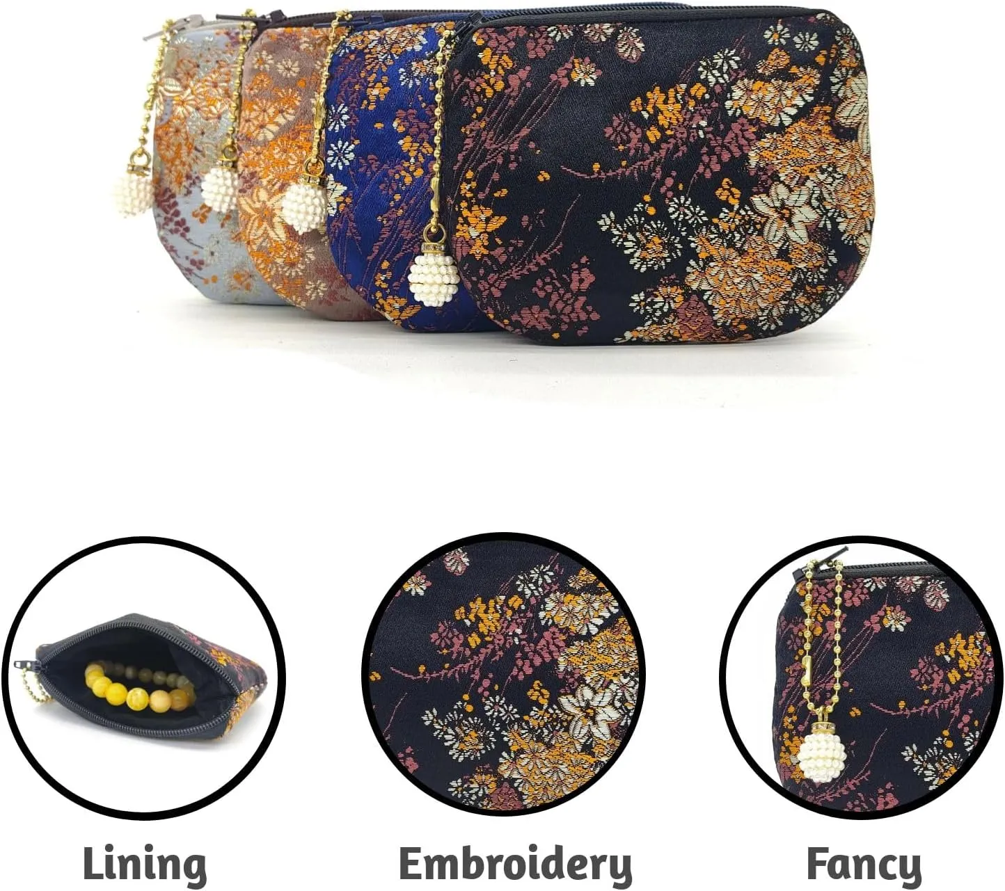 Handmade Jewelry Pouch Women Coin Purse Brocade Zipper Wallet Silk Makeup Bag - Black