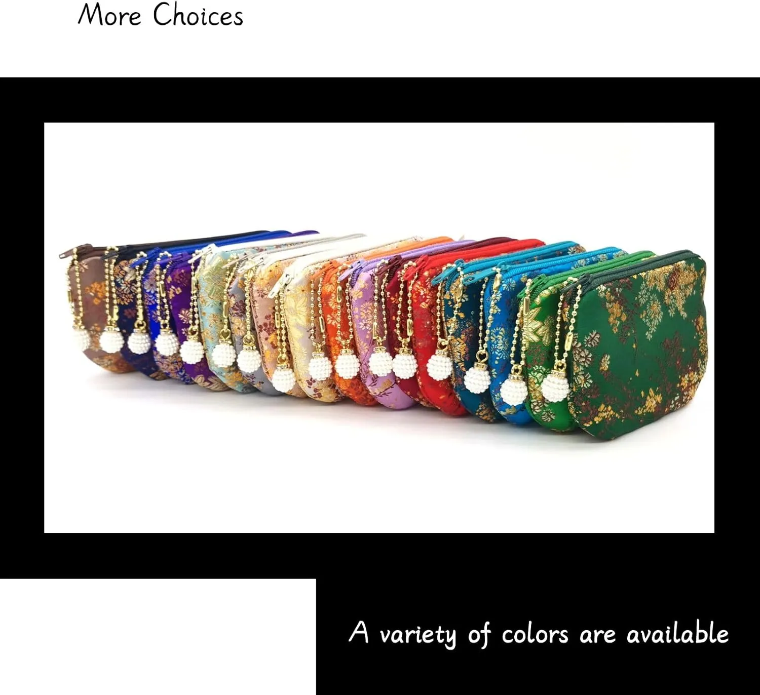 Handmade Jewelry Pouch Women Coin Purse Brocade Zipper Wallet Silk Makeup Bag - Black