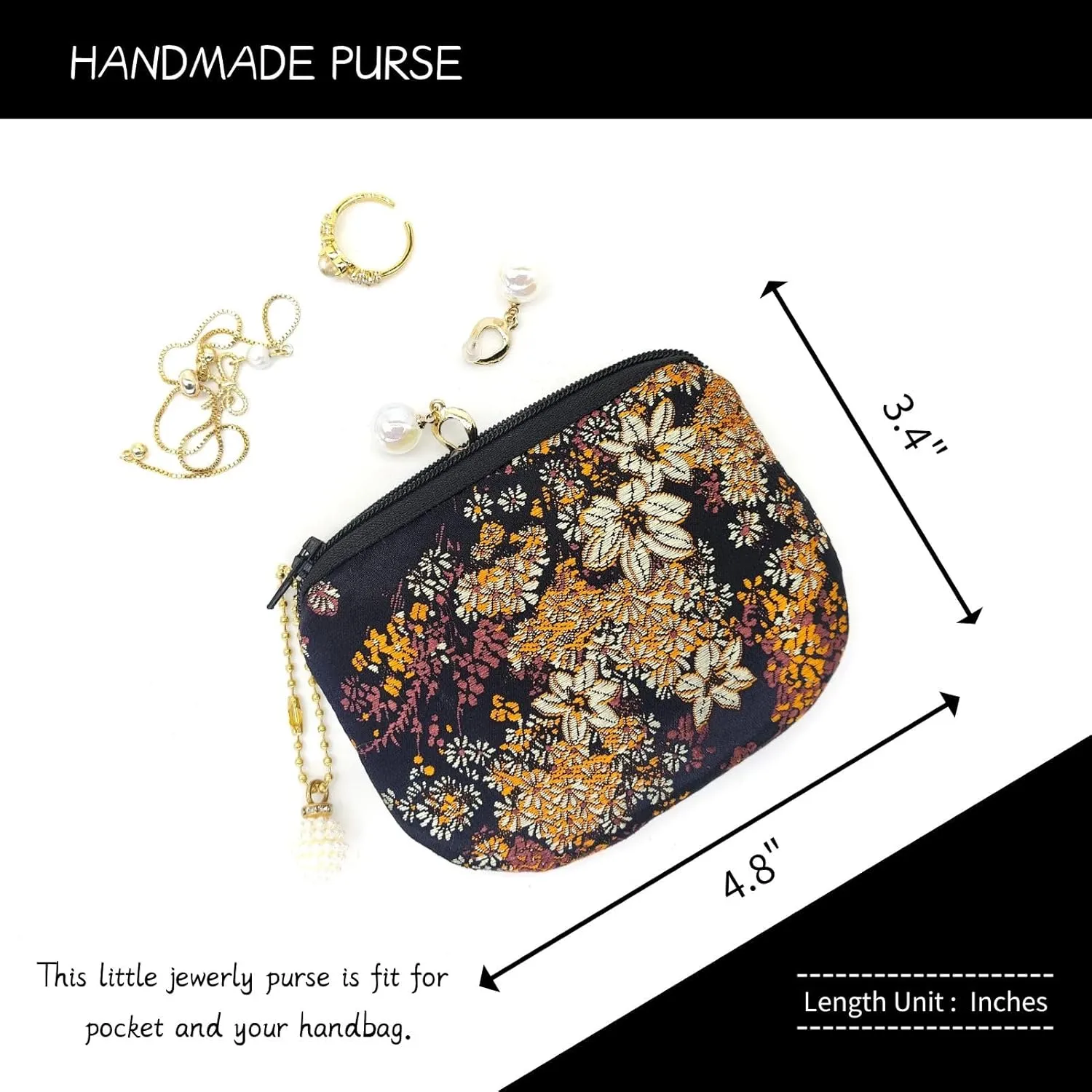 Handmade Jewelry Pouch Women Coin Purse Brocade Zipper Wallet Silk Makeup Bag - Black