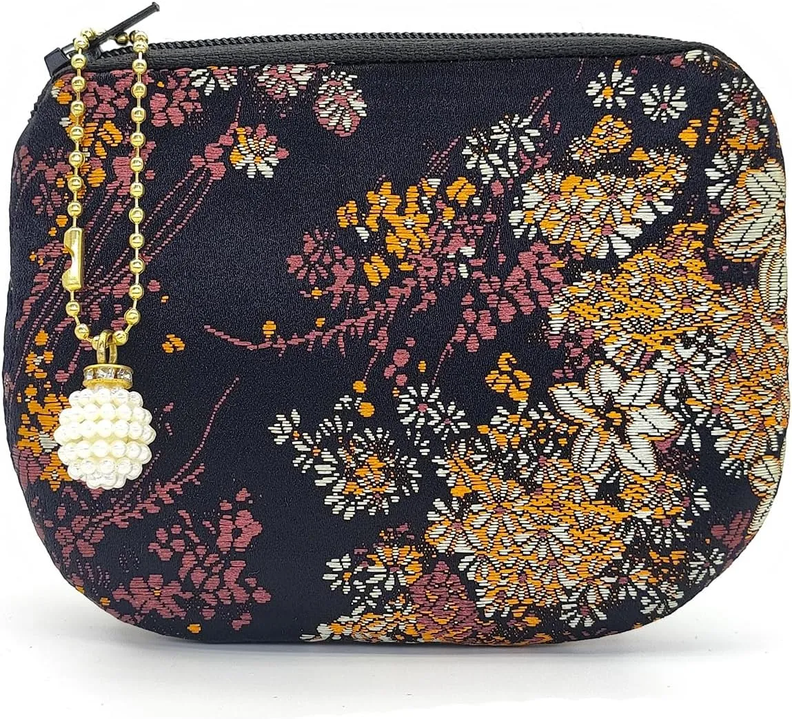 Handmade Jewelry Pouch Women Coin Purse Brocade Zipper Wallet Silk Makeup Bag - Black