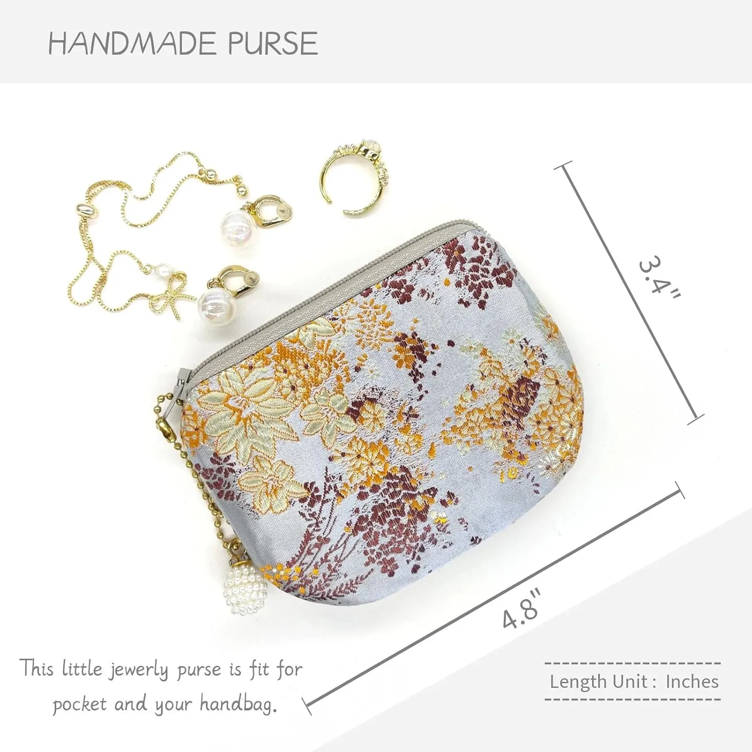 Handmade Jewelry Pouch Women Coin Purse Brocade Zipper Wallet Silk Makeup Bag - GRAY