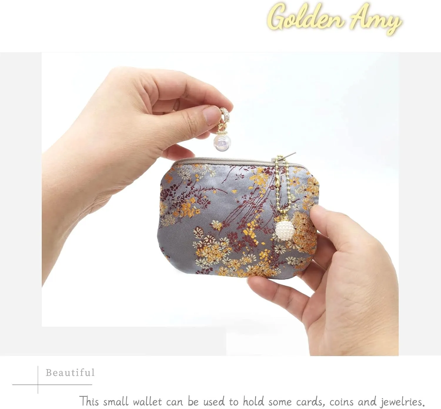 Handmade Jewelry Pouch Women Coin Purse Brocade Zipper Wallet Silk Makeup Bag - GRAY