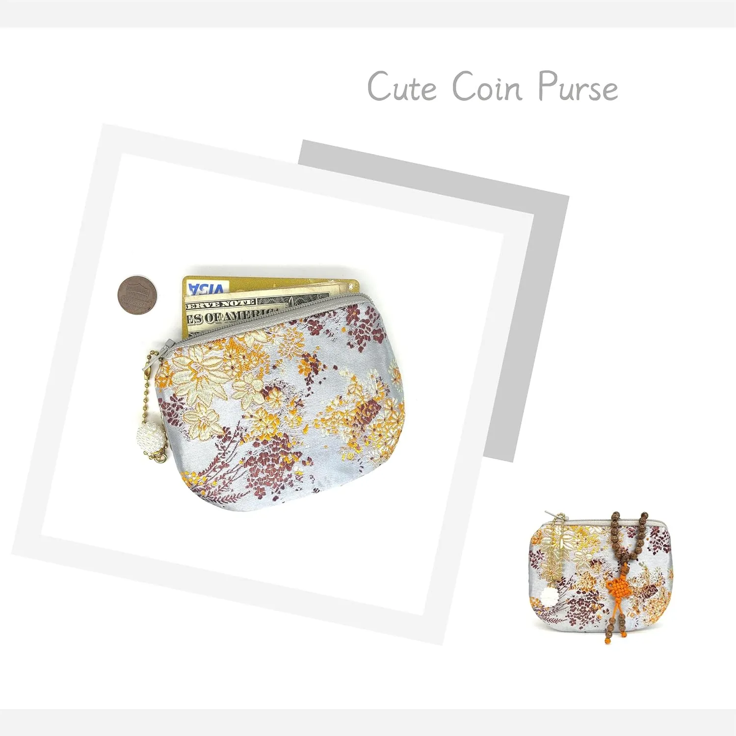 Handmade Jewelry Pouch Women Coin Purse Brocade Zipper Wallet Silk Makeup Bag - GRAY
