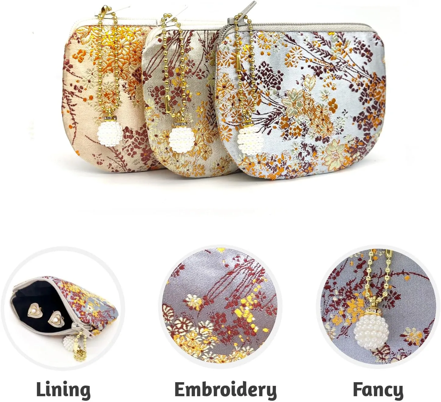 Handmade Jewelry Pouch Women Coin Purse Brocade Zipper Wallet Silk Makeup Bag - GRAY