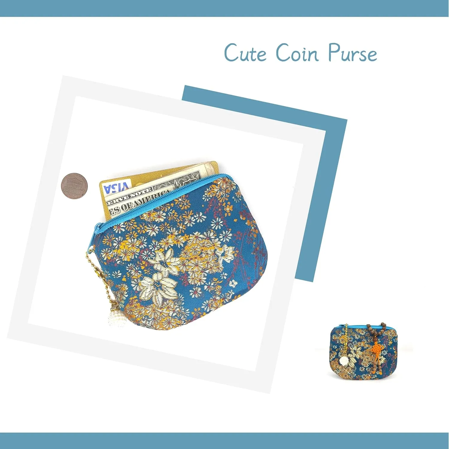 Handmade Jewelry Pouch Women Coin Purse Brocade Zipper Wallet Silk Makeup Bag - INDIGO