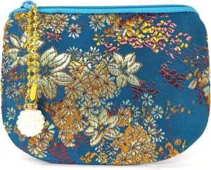 Handmade Jewelry Pouch Women Coin Purse Brocade Zipper Wallet Silk Makeup Bag - INDIGO