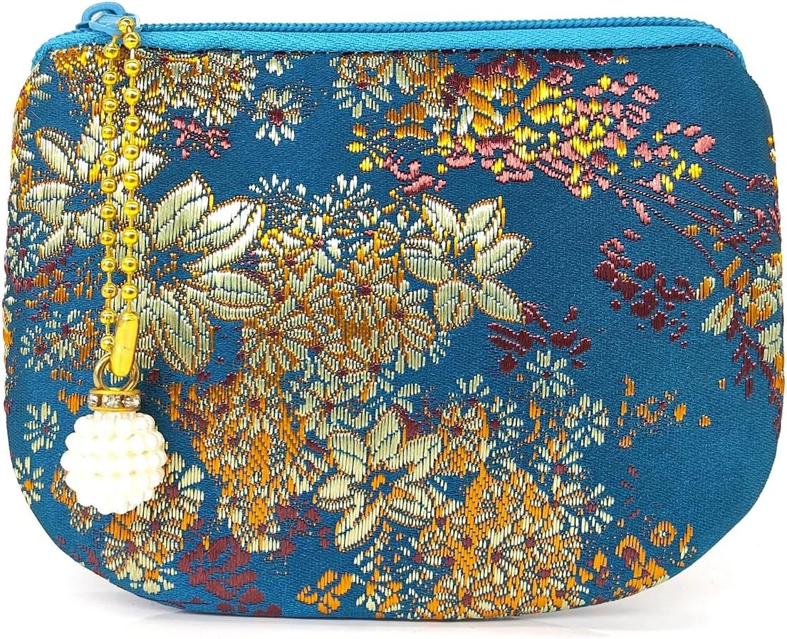 Handmade Jewelry Pouch Women Coin Purse Brocade Zipper Wallet Silk Makeup Bag - INDIGO