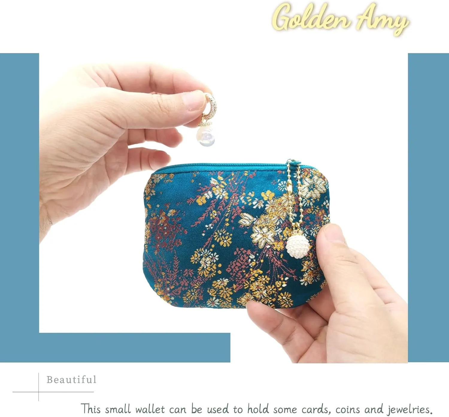 Handmade Jewelry Pouch Women Coin Purse Brocade Zipper Wallet Silk Makeup Bag - INDIGO