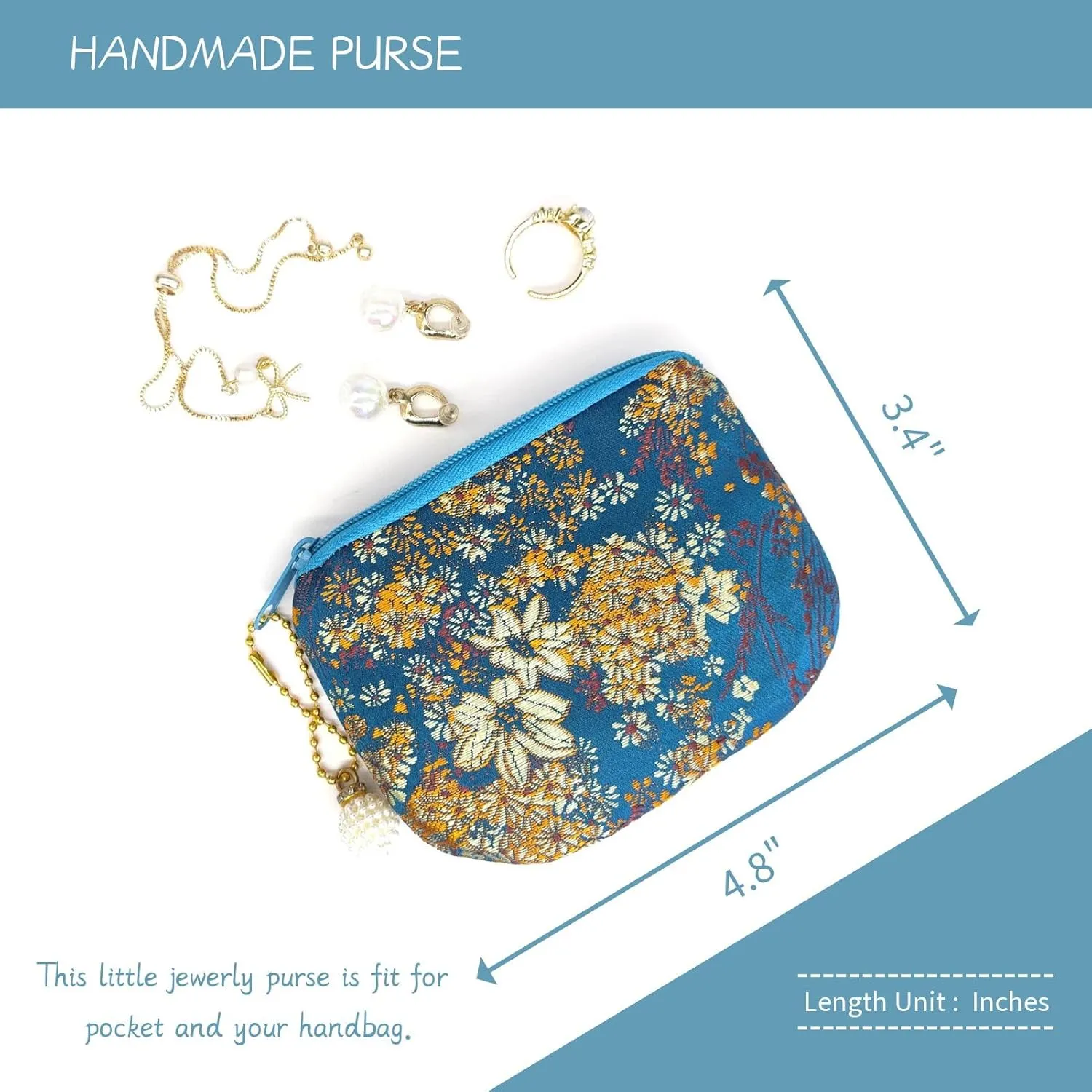 Handmade Jewelry Pouch Women Coin Purse Brocade Zipper Wallet Silk Makeup Bag - INDIGO