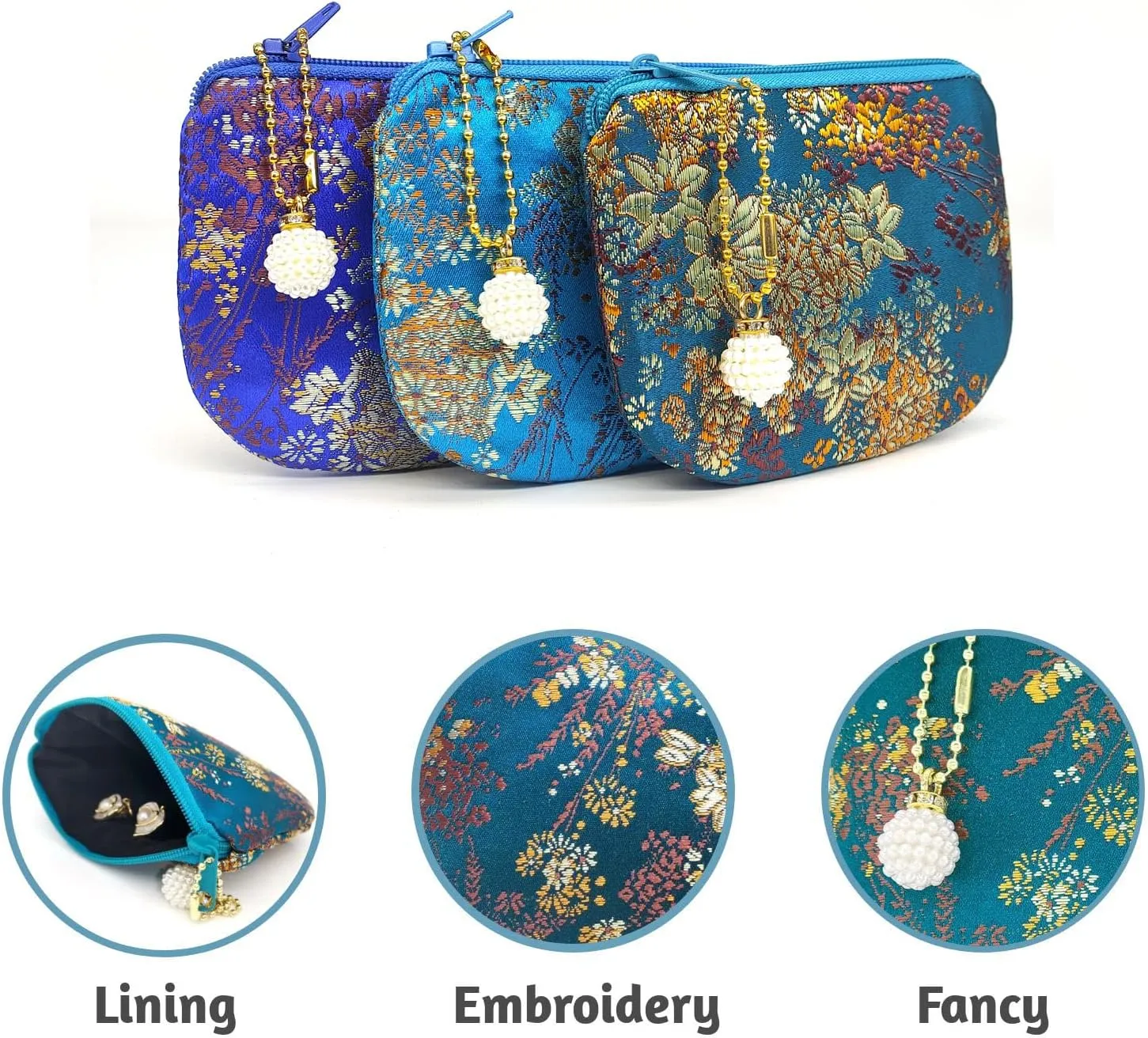 Handmade Jewelry Pouch Women Coin Purse Brocade Zipper Wallet Silk Makeup Bag - INDIGO