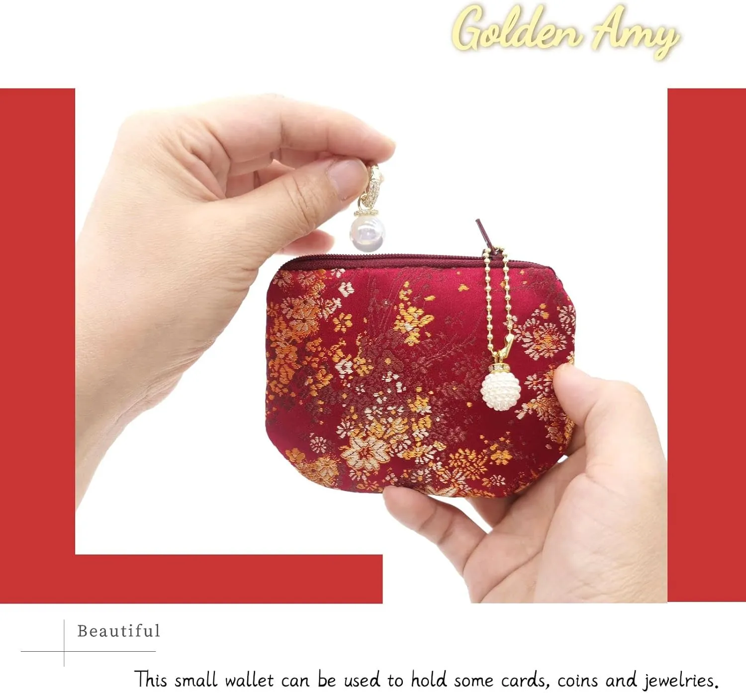 Handmade Jewelry Pouch Women Coin Purse Brocade Zipper Wallet Silk Makeup Bag - MAROON